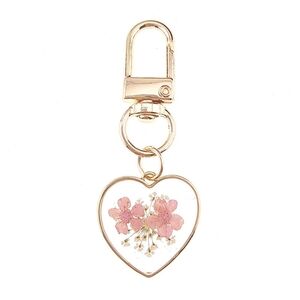 Pressed Flower Keychain Gold Heart Bag Charm Floral Purse Accessory Pink